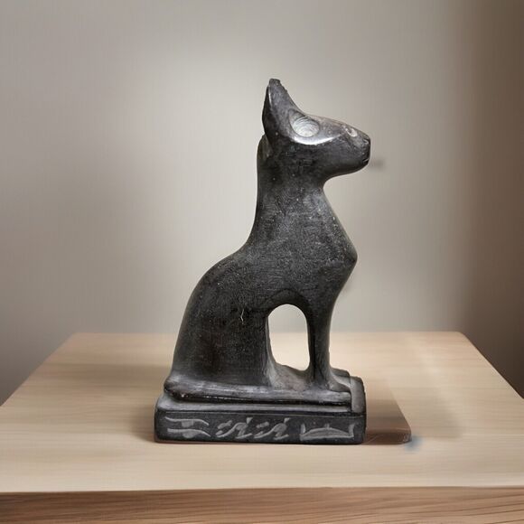 VTG  Egyptian Cat Feline Figurine Polished Stone Gray Middle Eastern Sphinx - Picture 2 of 11